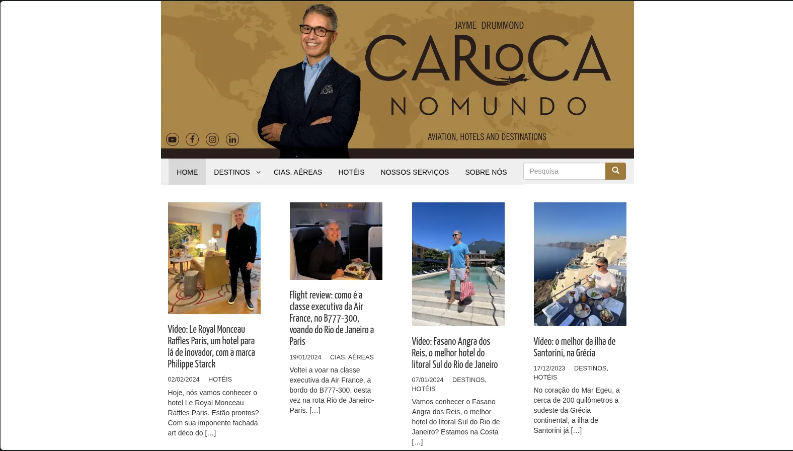 Captura de tela da página inicial do site Carioca no Mundo exibindo a primeira dobra do site composta de um banner, um mega menu e uma grid de posts